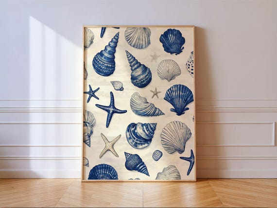Blue Seashell Wall Art Nautical Beach Print Coastal Bathroom Decor