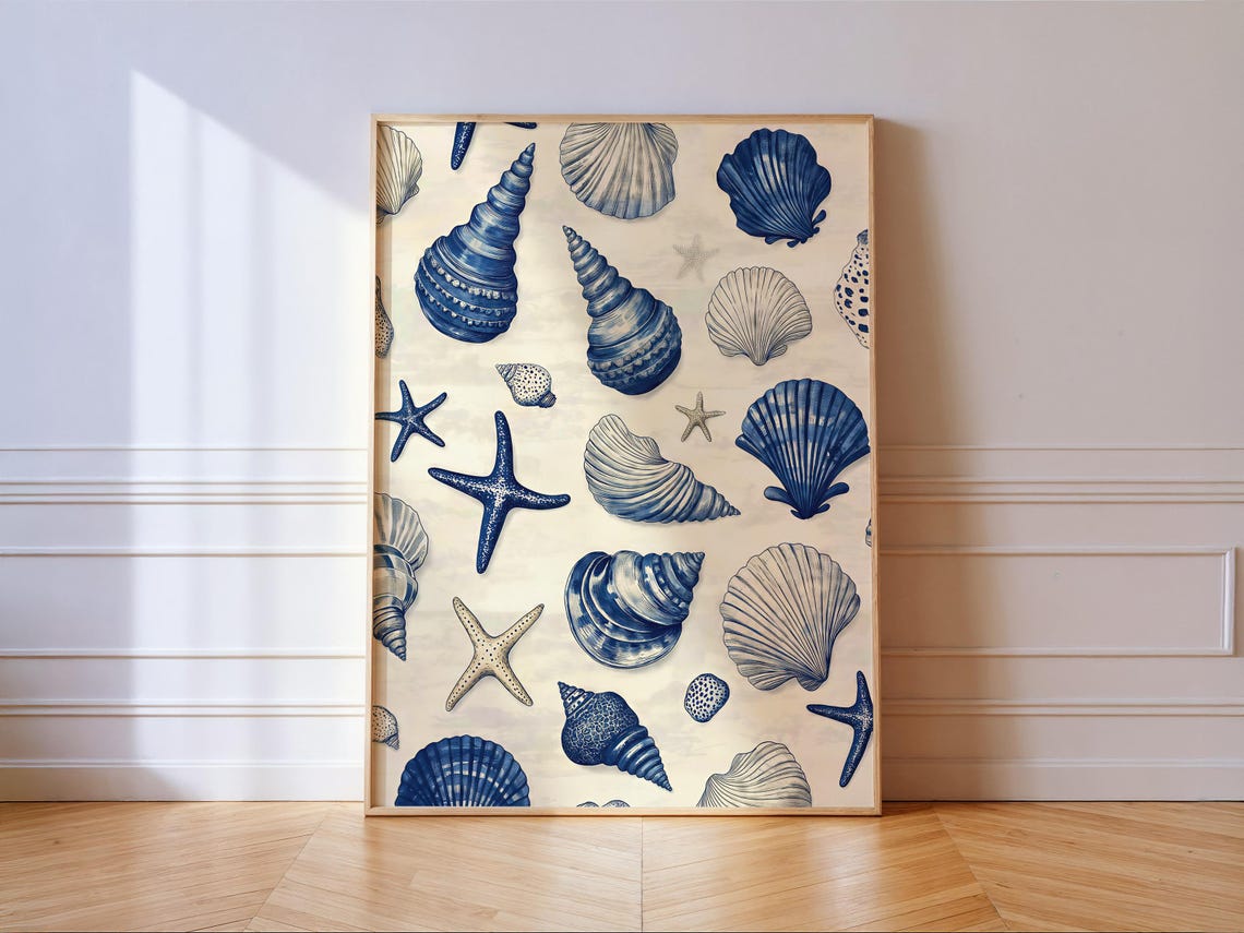 Classic Blue And White Seashell Pattern Nautical Coastal Print