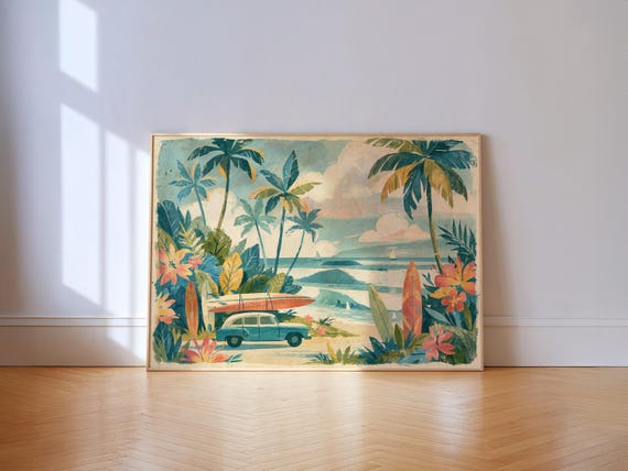 Retro Tropical Surf Print Vintage Beach Woody Wagon Palm Tree Wall Art