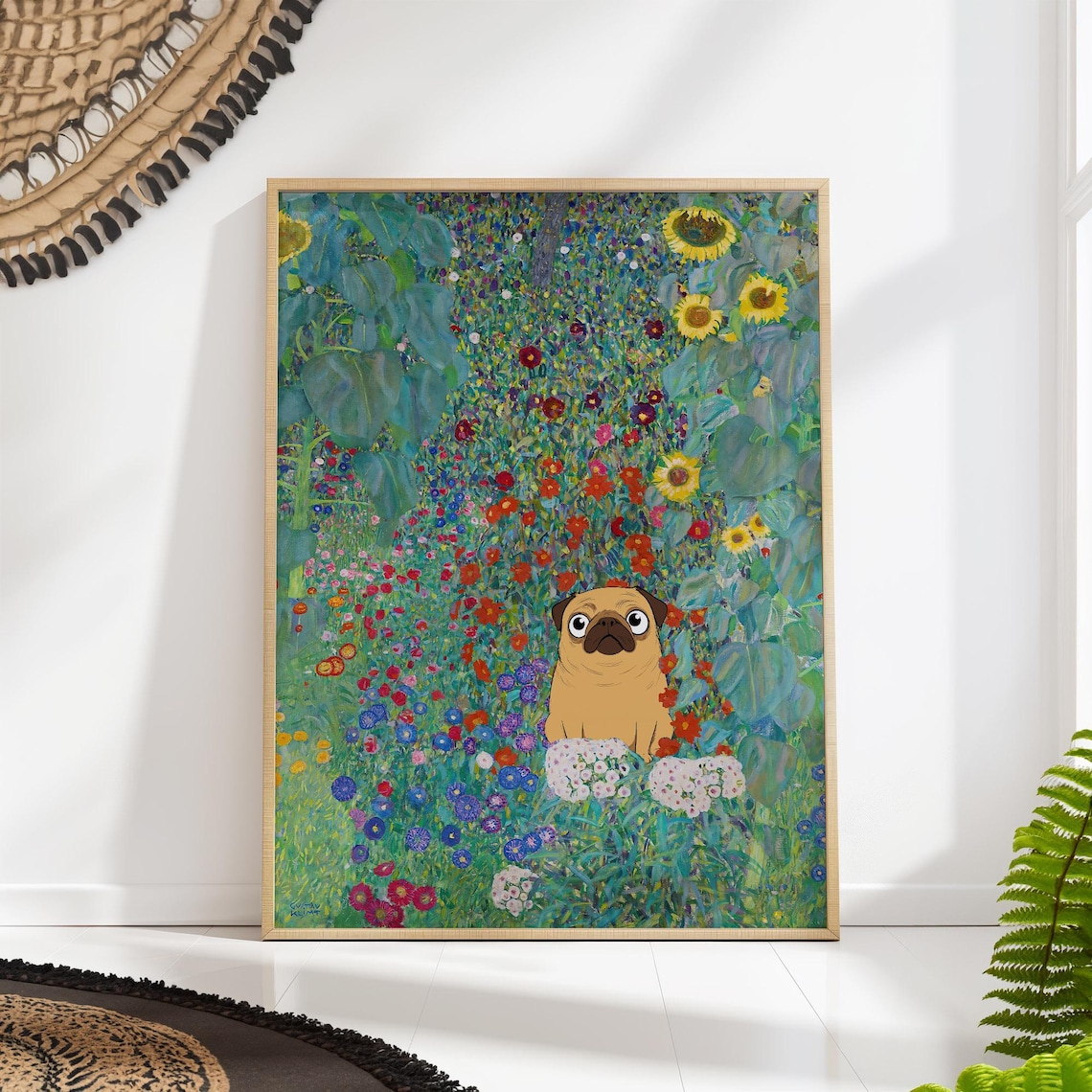 Pug Klimt Sunflower Field Poster Print, Whimsical