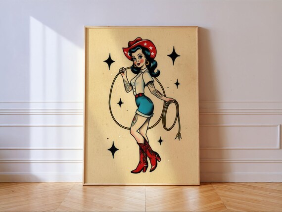 Vintage Tattoo Cowgirl Lasso Star Hat Retro Pin Up Western Decor Wall Art