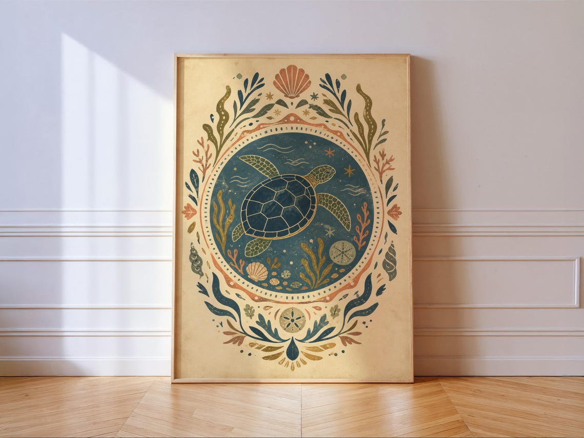 Sea Turtle Folk Art Print Ocean Medallion Coastal Nautical Wall