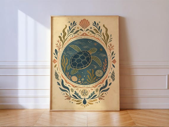 Sea Turtle Folk Art Print Ocean Medallion Coastal Nautical Wall