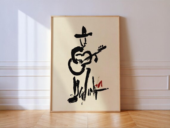 Abstract Cowboy Guitarist Ink Print Minimalist Western Music Wall Art
