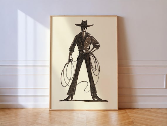 Cowboy With Lasso Western Line Art Poster Print