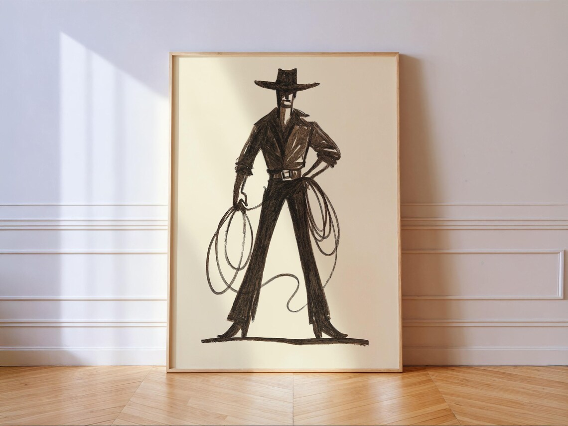 Cowboy With Lasso Western Line Art Poster Print