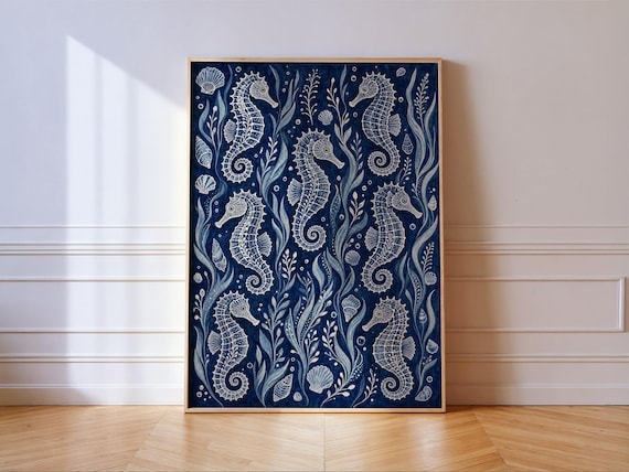 Seahorses and Seaweed Indigo Blue Coastal Folk Art Pattern Poster