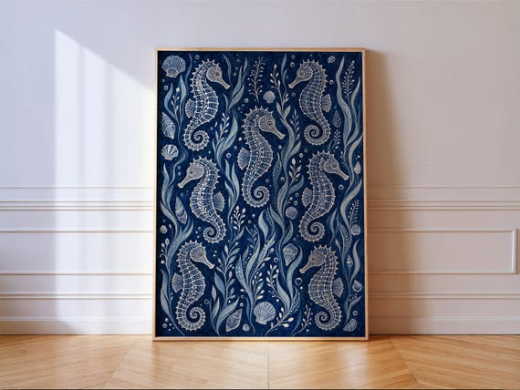 Seahorses And Seaweed On Indigo Blue Coastal Folk Art Pattern Wall Print