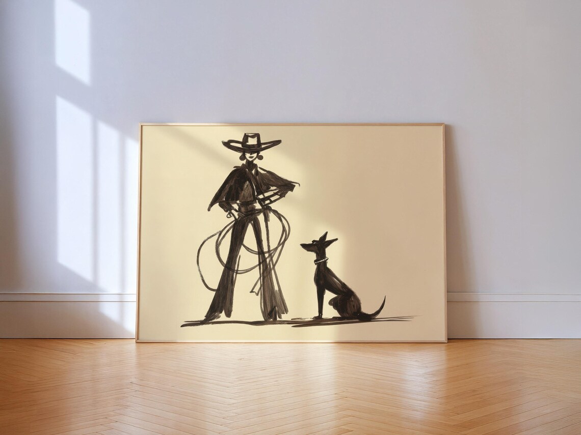 Cowgirl and Dog Ink Sketch Poster Western Lasso Line Art Minimalist Decor