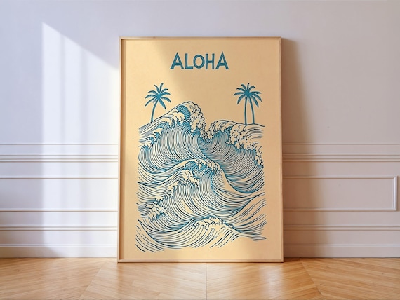Aloha Blue Wave Surf Art With Palm Trees Vintage Hawaii Poster
