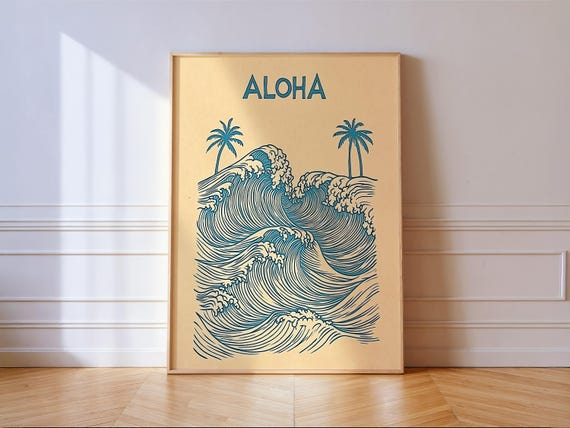 Aloha Ocean Waves Print Blue Surf Art With Palm Trees