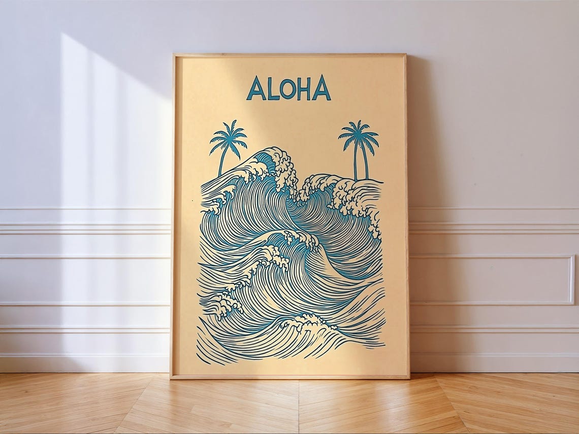 Aloha Ocean Waves Print Blue Surf Art With Palm Trees