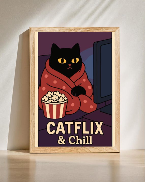 Catflix And Chill Poster Funny Black Cat Wall Art Cozy Popcorn Print Movie Night Decor
