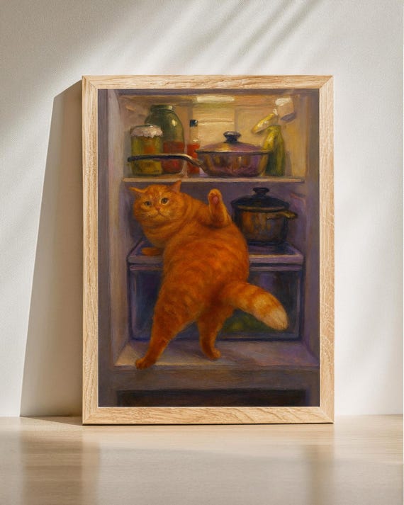 Funny Orange Tabby Cat In Fridge Kitchen Poster Lover Gift Mom Wall Decor