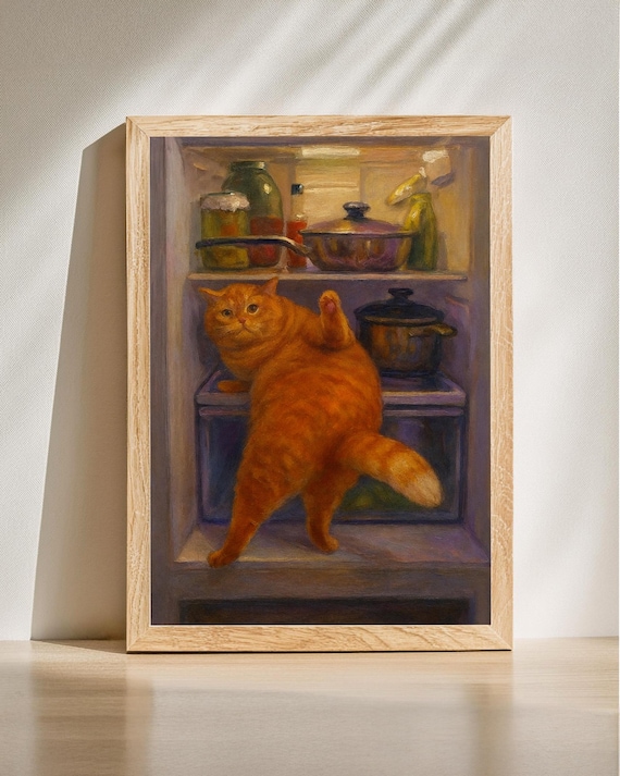 Orange Cat In Fridge Funny Kitchen Poster Tabby Mischief Kitchen Art