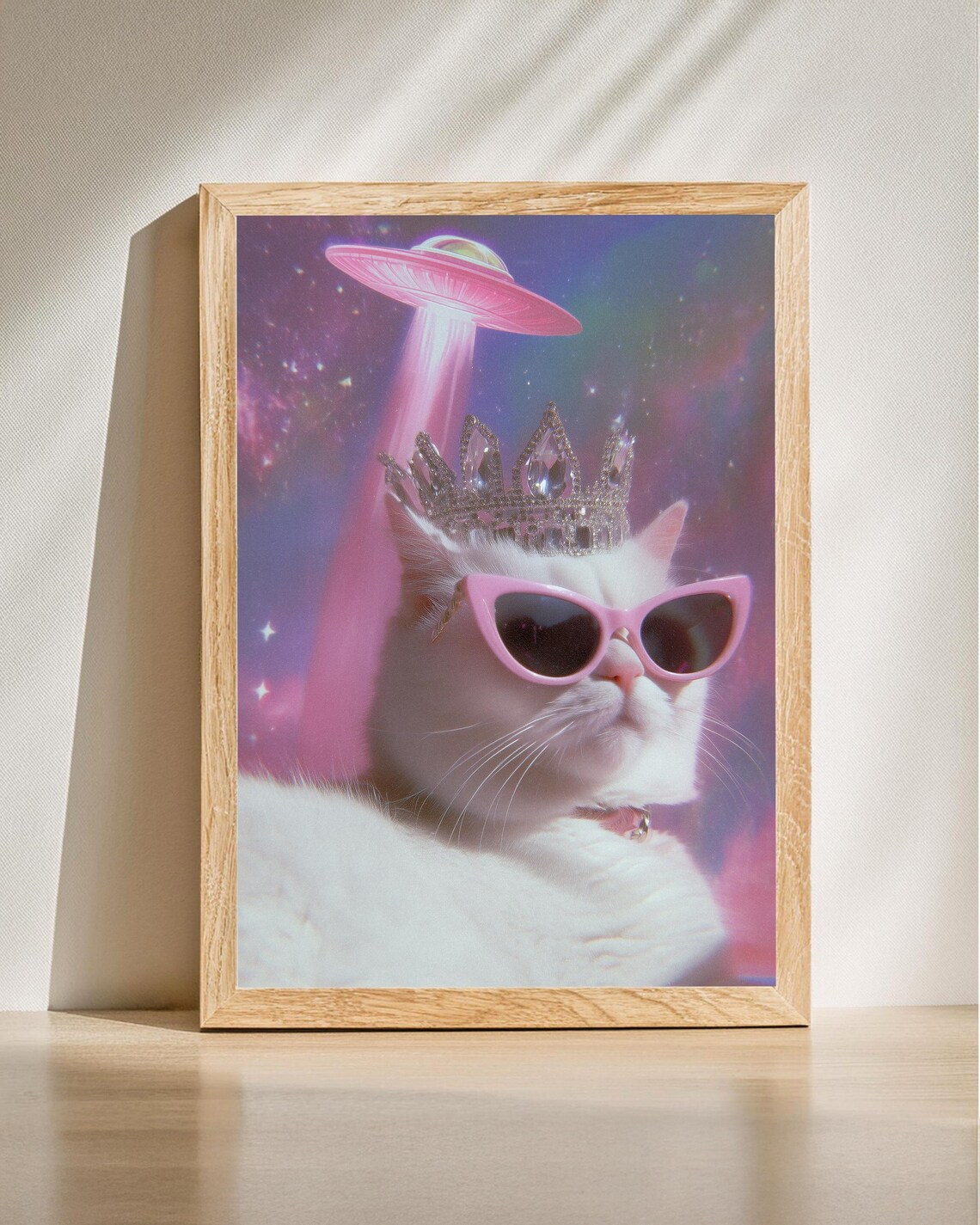 Royal White Cat with Crown and Sunglasses Under Pink UFO Poster