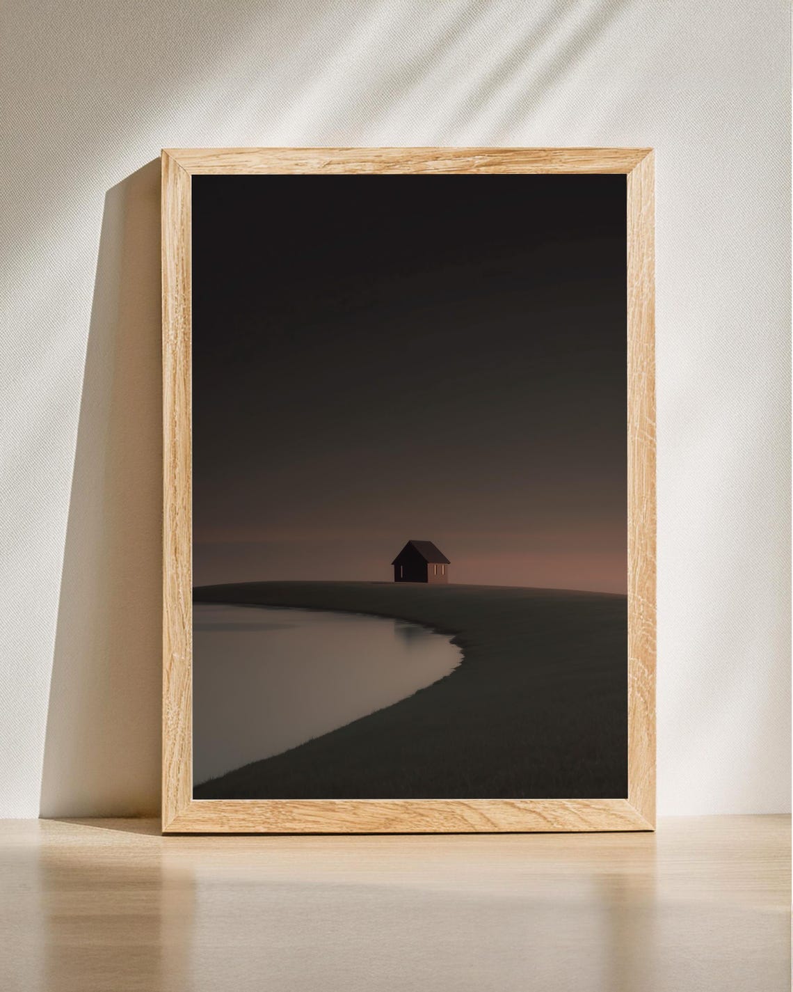 Lakeside Cabin at Dusk Dark Moody Minimalist Night Lake Wall Art