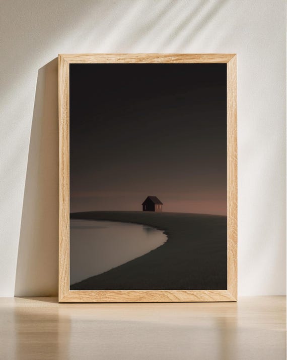 Serene Lakeside House Art Modern Minimalist Evening Landscape Print Calming Wall Decor