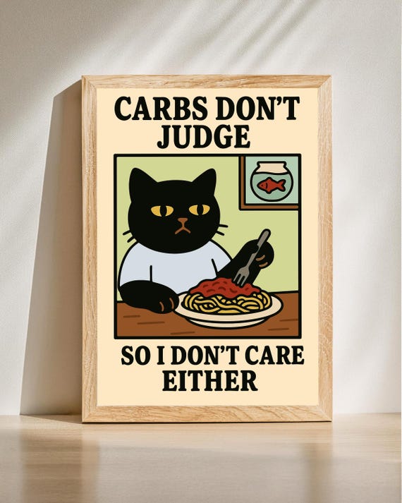 Carbs Dont Judge So Funny Black Cat Wall Decor Spaghetti Poster Retro Diner Lover Art