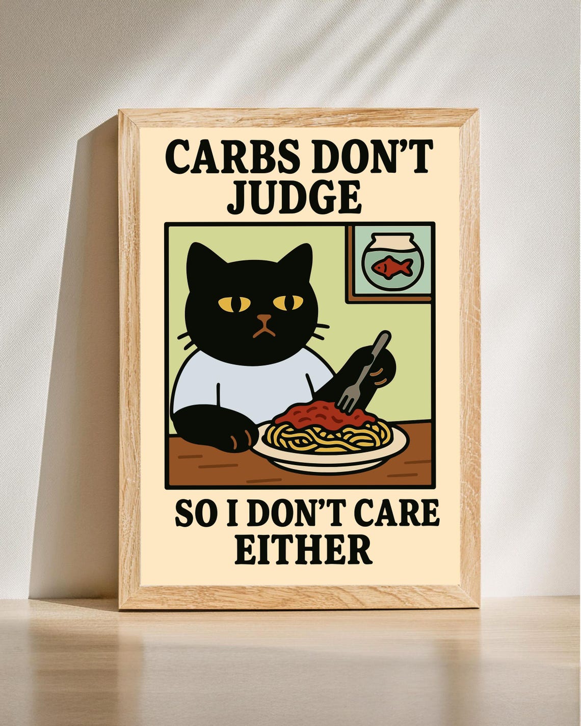 Funny Black Cat Carbs Don't Judge Spaghetti Quote Kitchen Poster