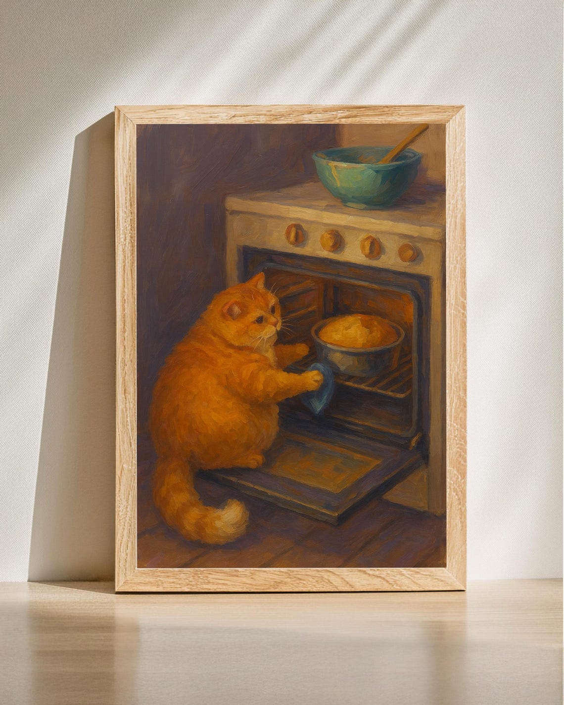 Orange Tabby Cat Baking Cake Funny Kitchen Poster Cozy Baking Decor