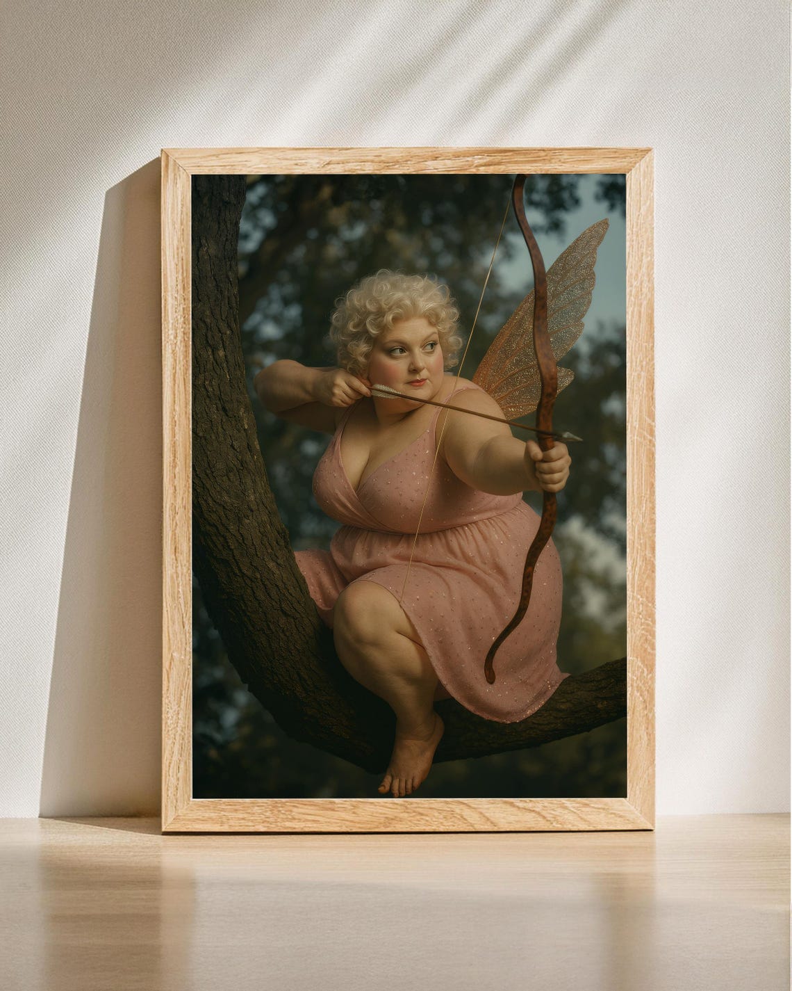 Curvy Cupid Drawing Bow in Tree Pink Dress Fantasy Art Poster