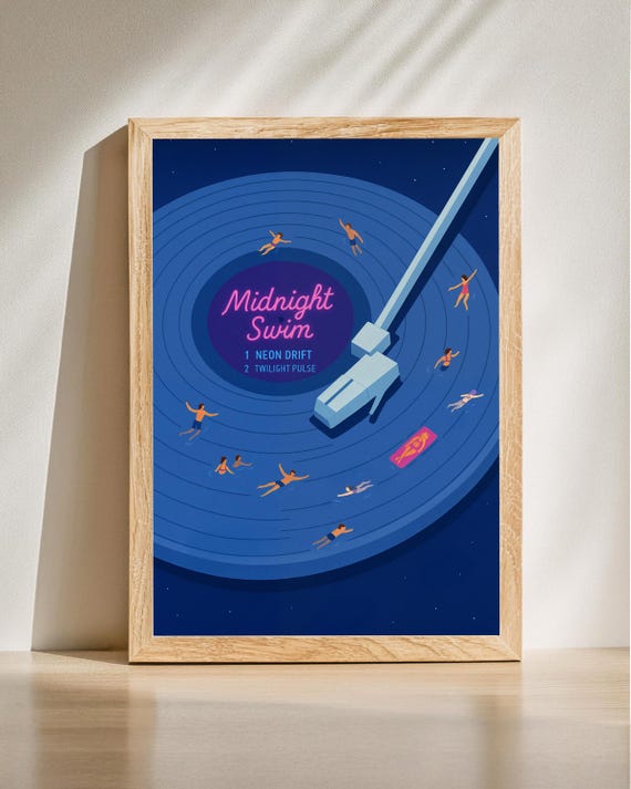 Midnight Swim Vinyl Art Surreal Print Pool Scene Music Lovers Decor Wall
