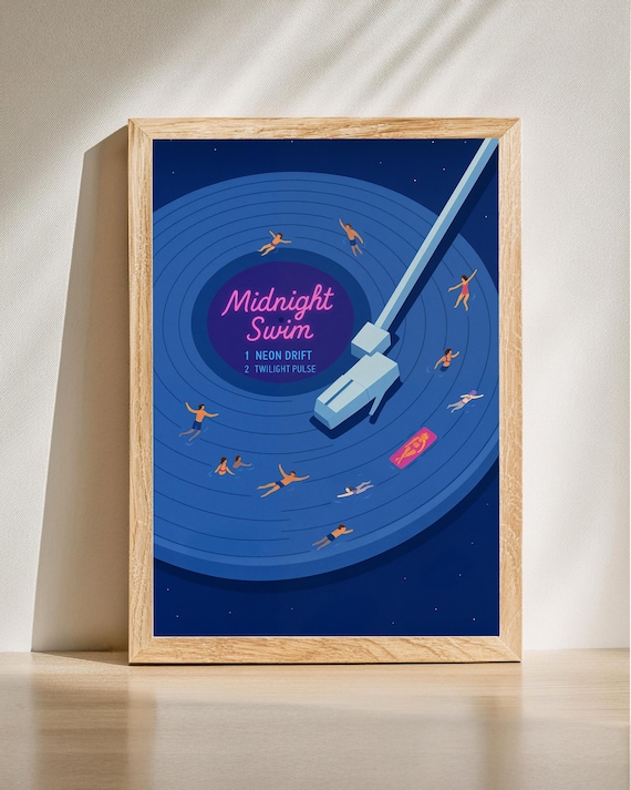 Midnight Swim Vinyl Record Pool Swimmers Neon Retro Music Poster