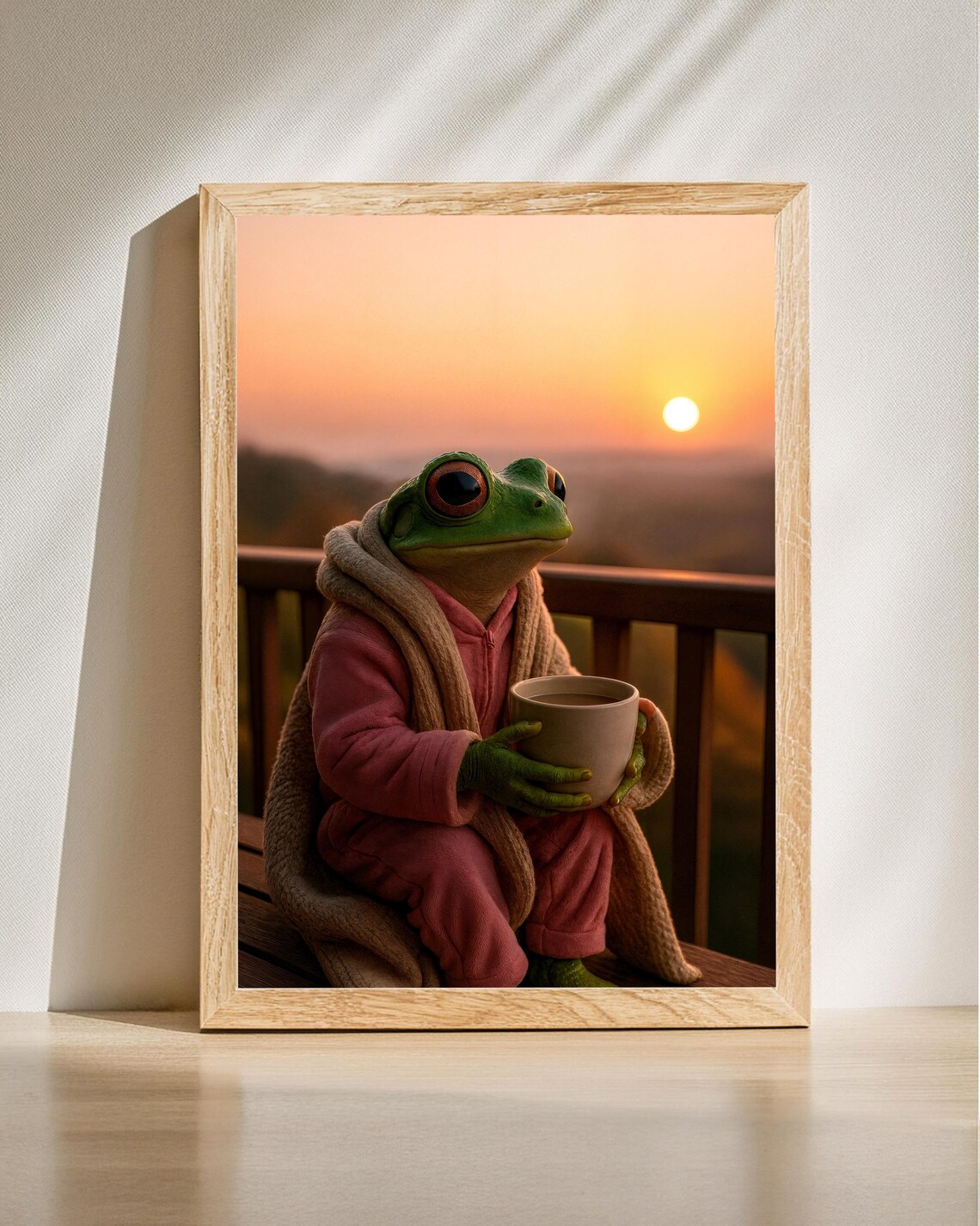 Cozy Funny Frog Sunrise Coffee Portrait Peaceful Morning Wall Art