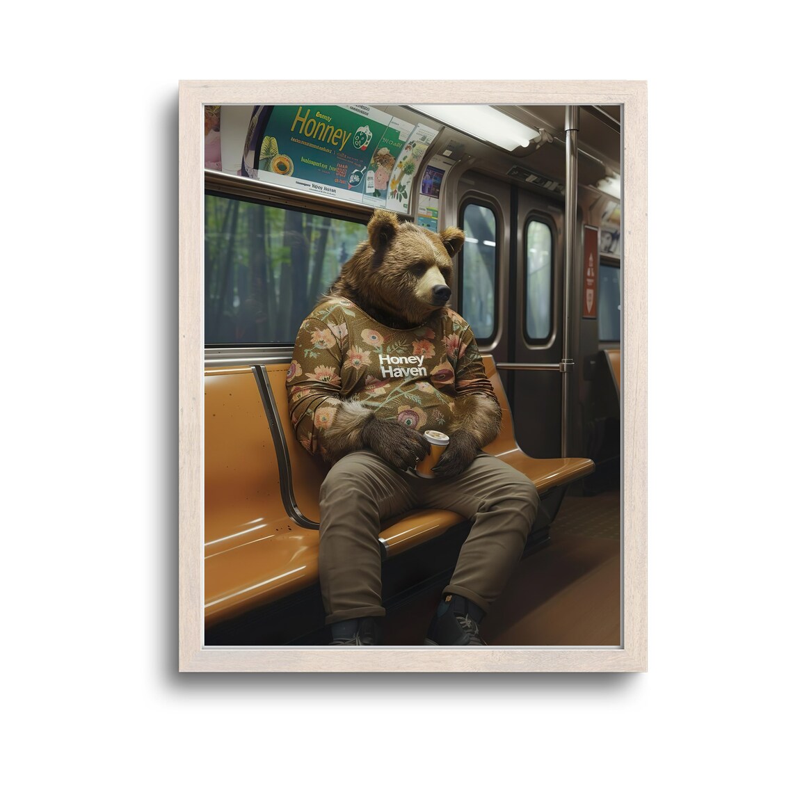 Bear in Honey Haven Floral Shirt with Coffee Subway Funny Art Poster