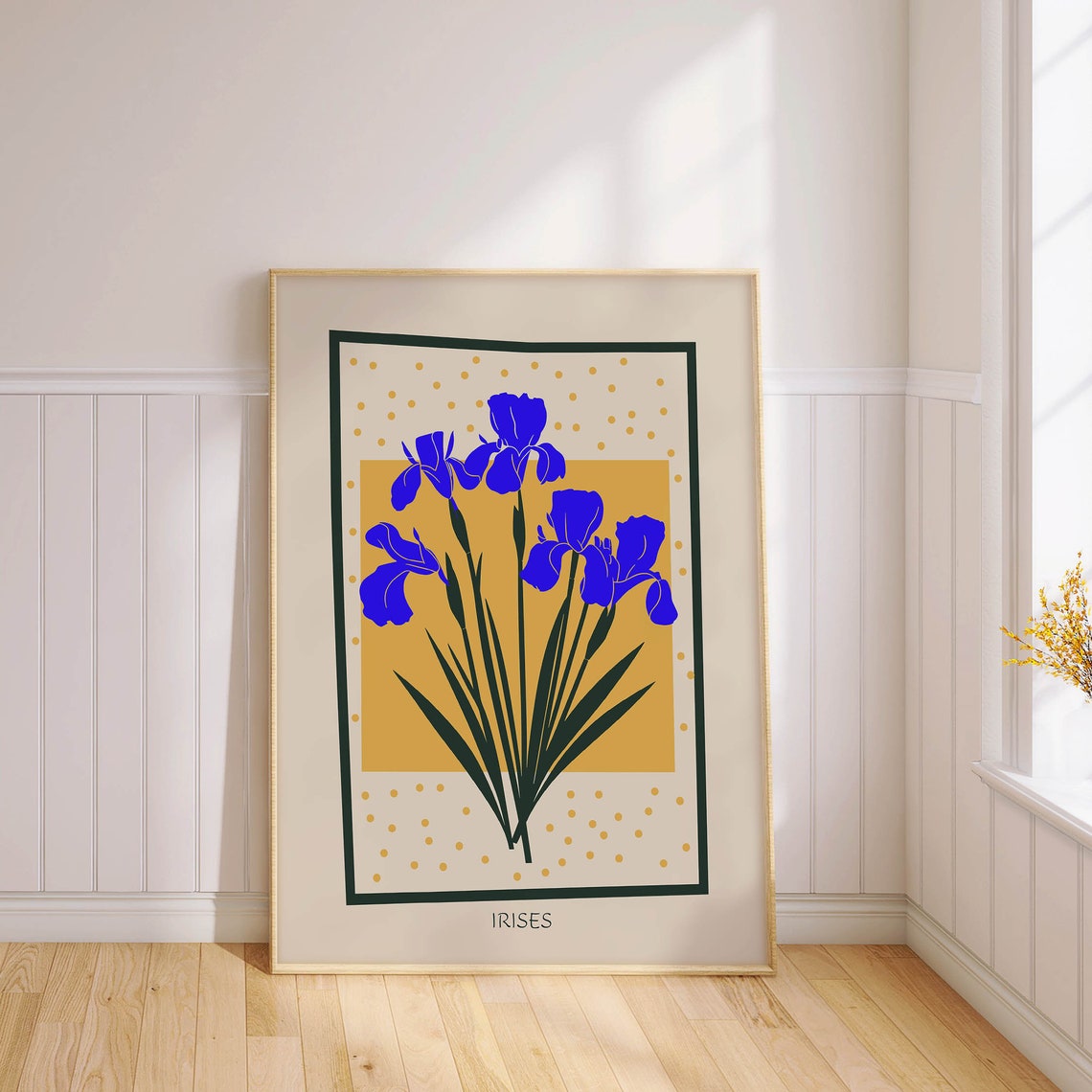 Blue Irises Mustard Background Modern Floral Botanical Poster - Image 2
