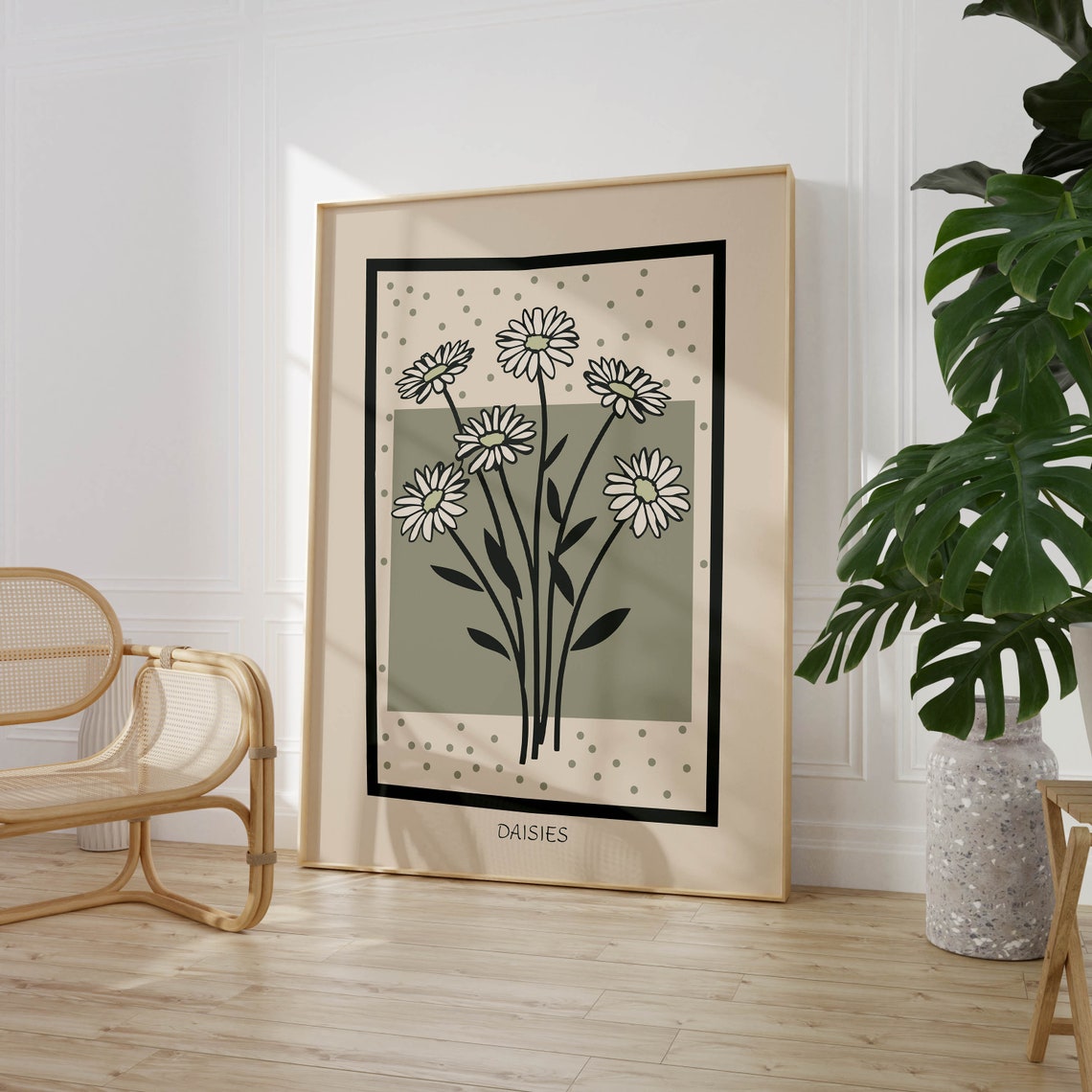 White Daisies Sage Green Background Modern Botanical Floral Poster