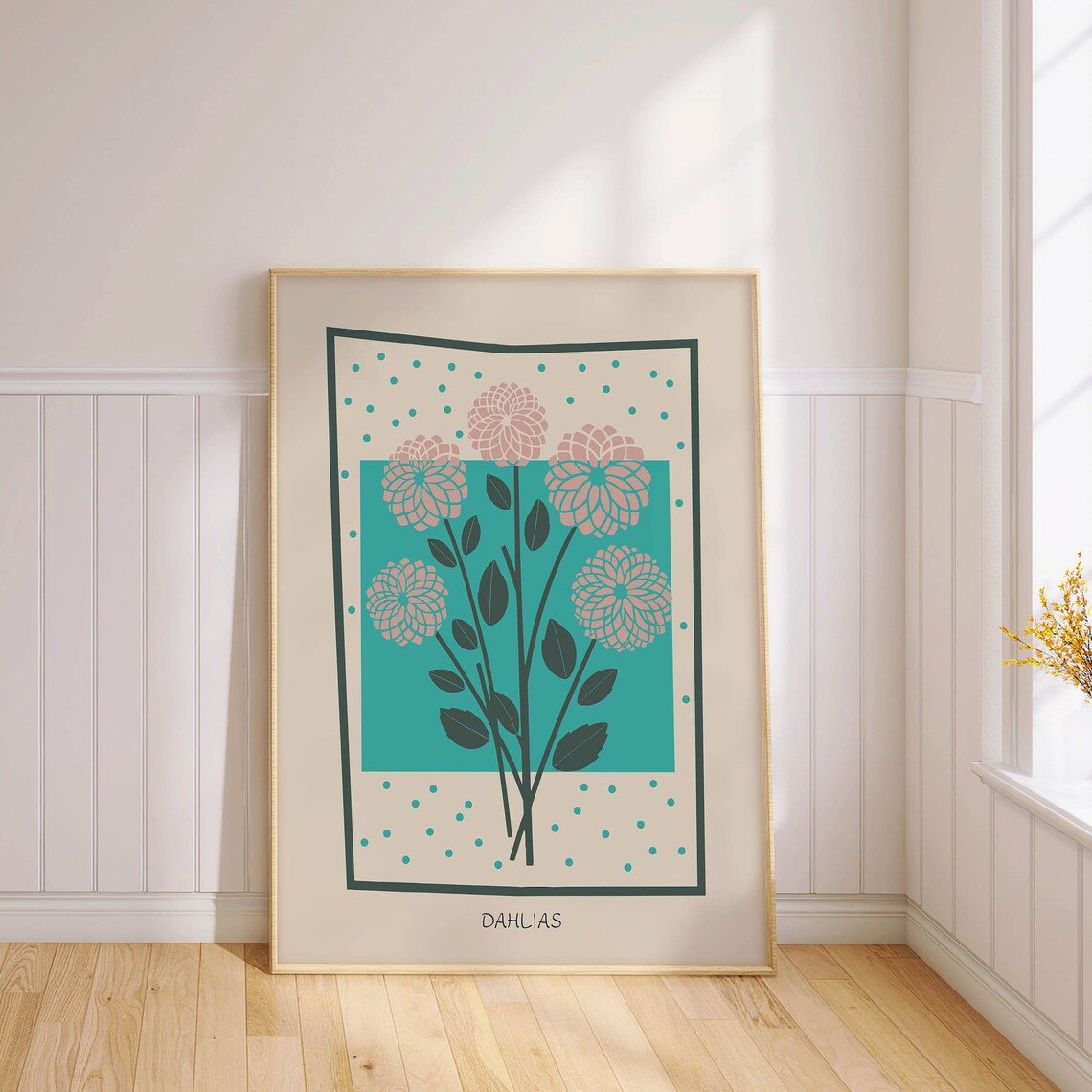 Blush Dahlias Teal Background Modern Botanical Floral Poster - Image 3