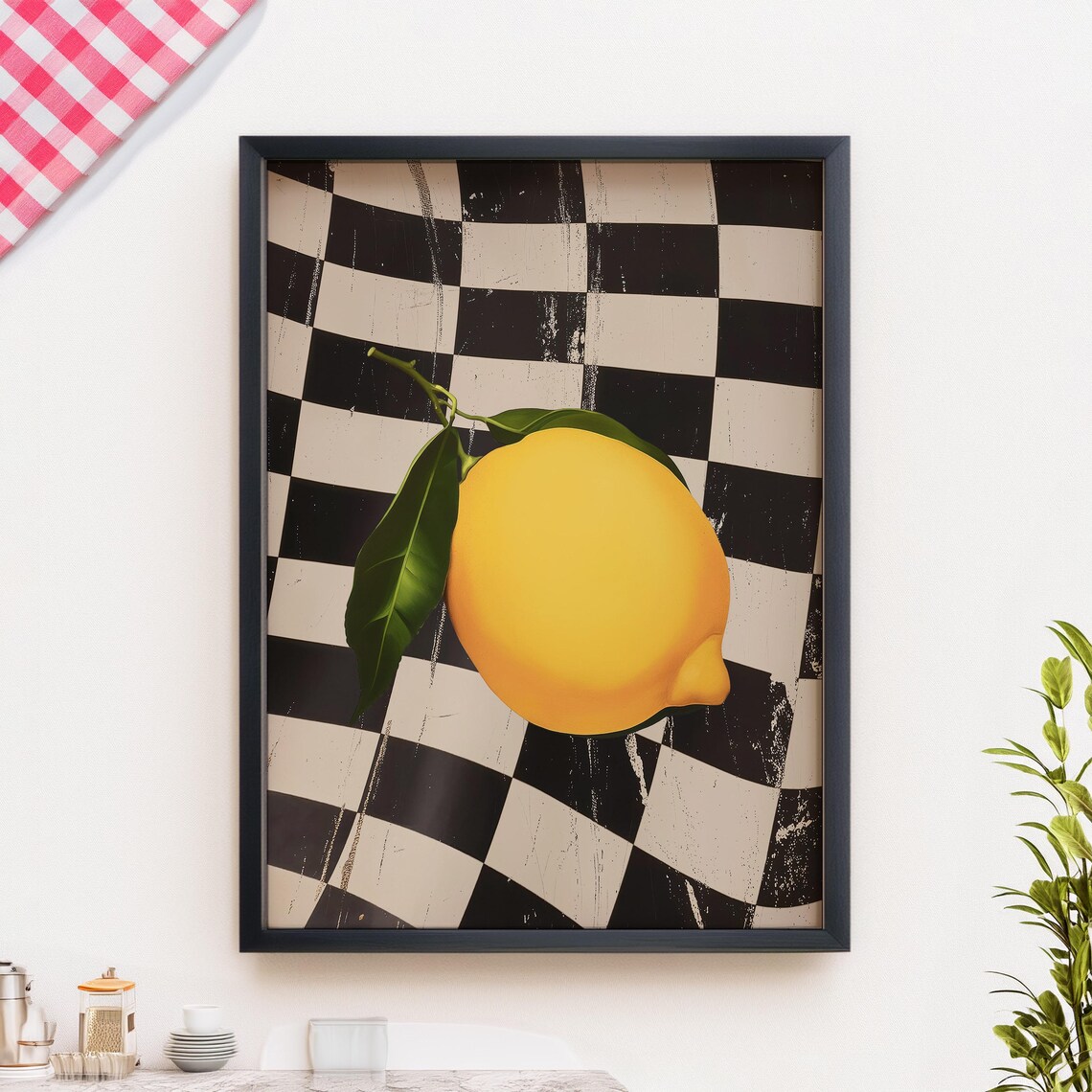 Lemon Checkerboard Retro Kitchen Decor, Pop Art - Image 3