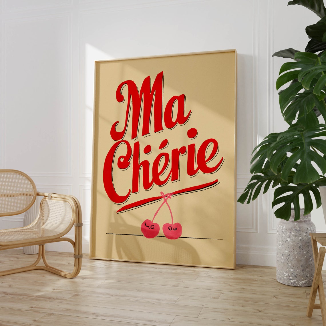 Ma Cherie Retro Script Typography Cherry French Romance Poster