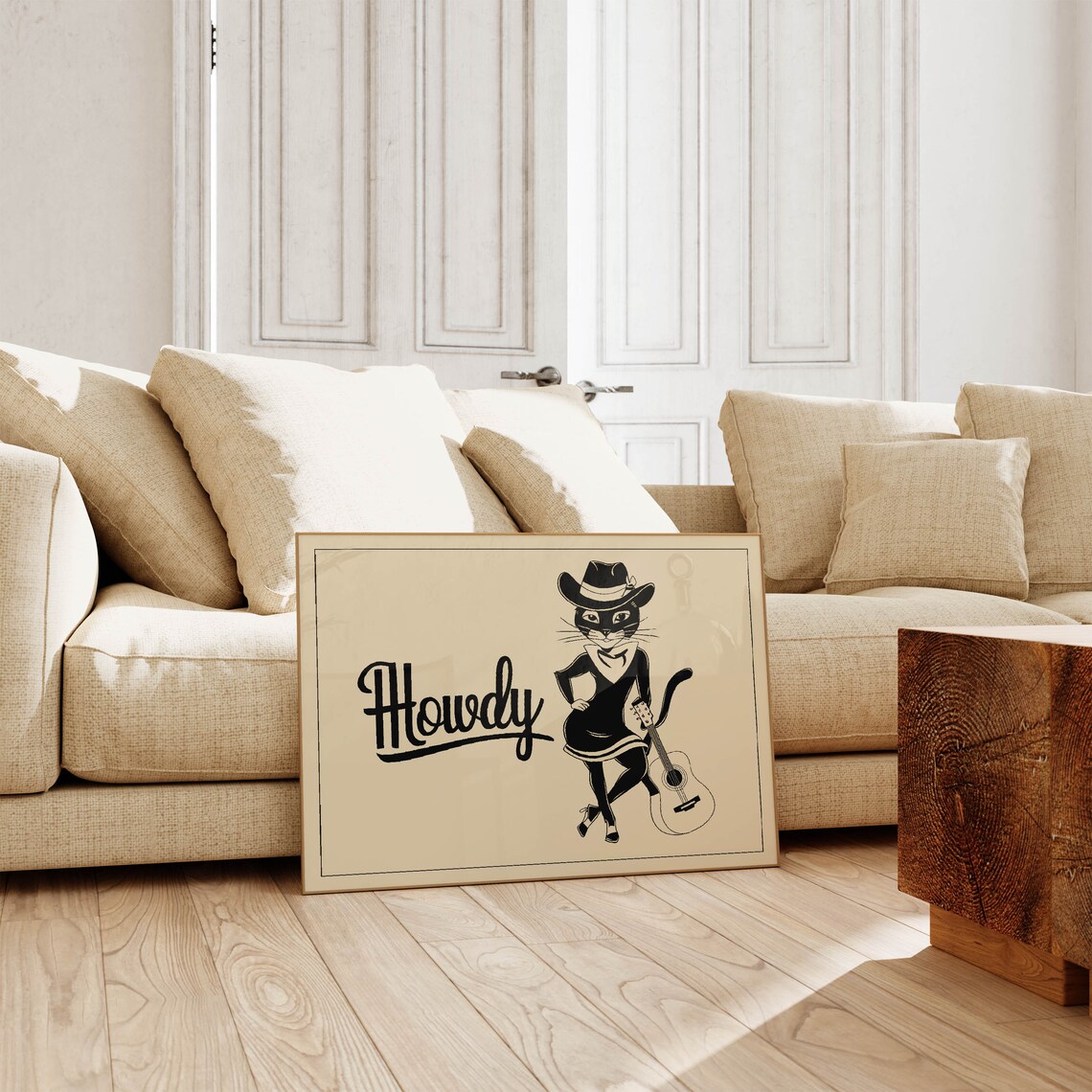 Howdy Illustrated Cowgirl Cat with Guitar Vintage Western Poster - Image 3