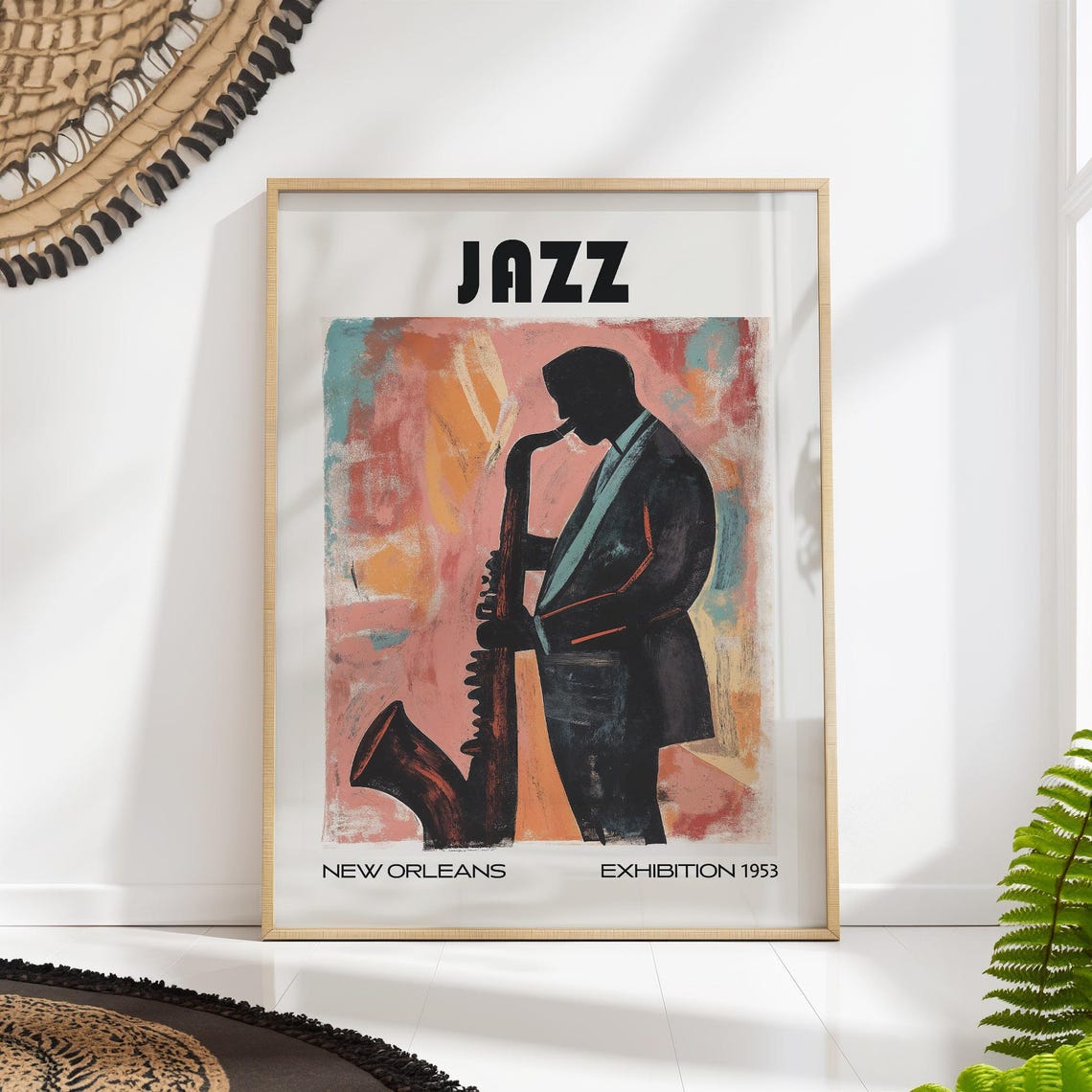 Jazz New Orleans 1953 Saxophonist Exhibition Mid Century Music Poster