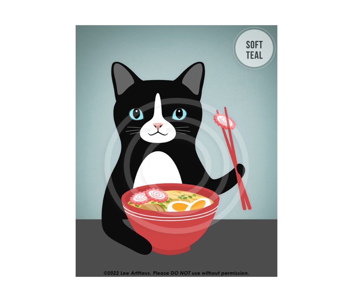 Black And White Cat Eating Ramen Bowl Cute Kitty Lover Kitchen Wall Poster - Image 9