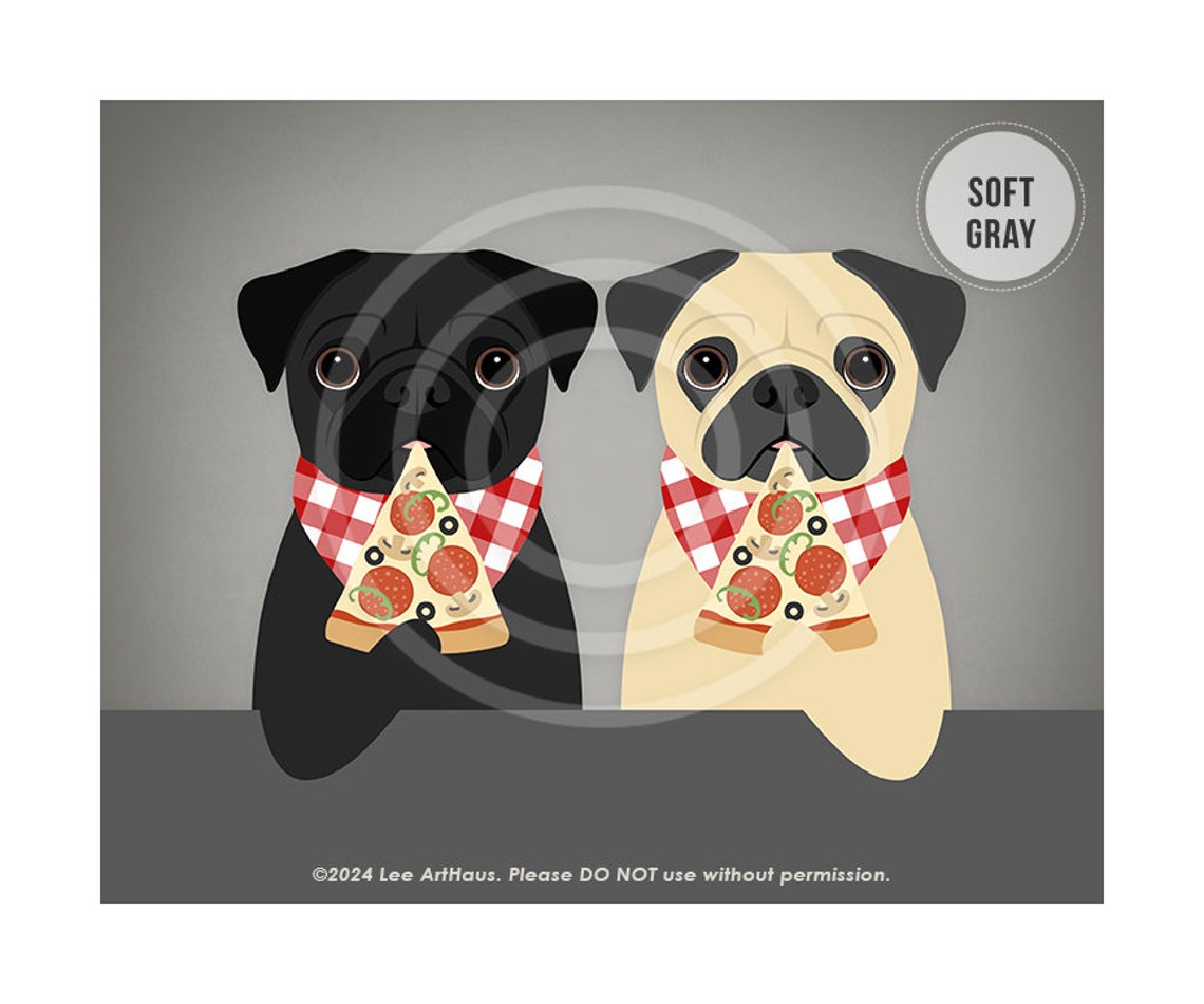 Two Pugs Eating Pizza With Checkered Bibs Cute Funny Dog Art Poster - Image 3