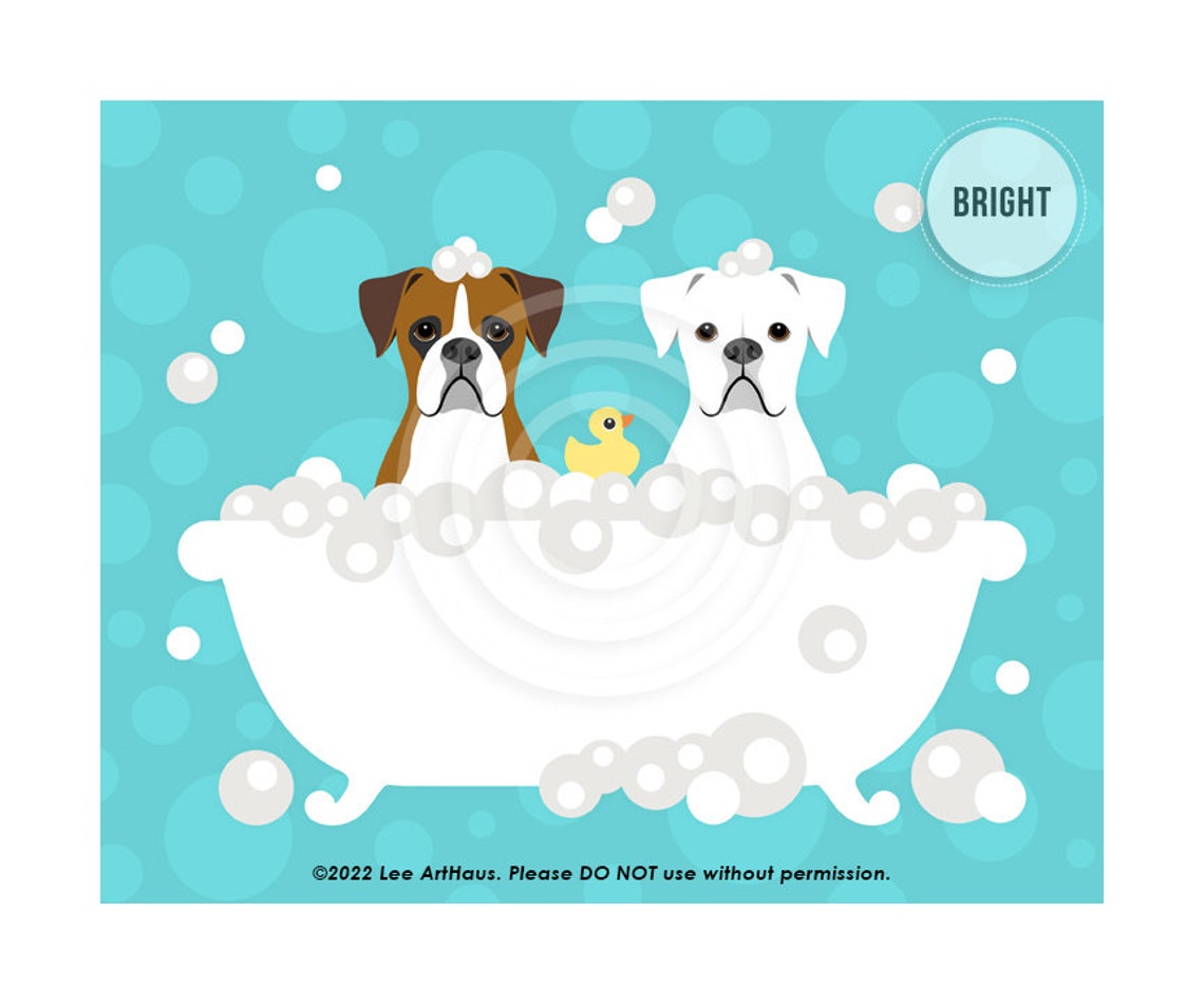 Two Boxer Dogs Bubble Bath Rubber Ducky Bright Teal Funny Poster