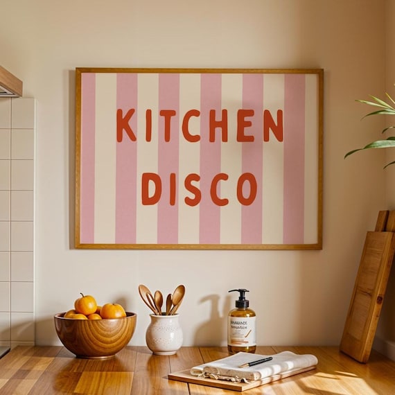 Kitchen Disco Pink Striped Retro Typography Fun Party Kitchen Poster