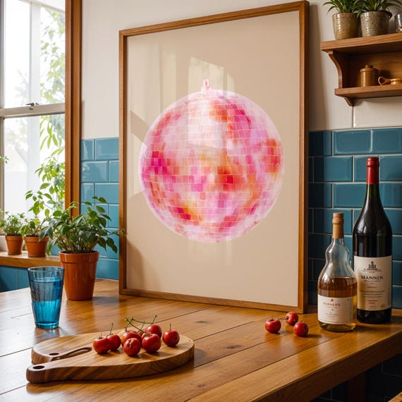 Watercolour Pink Disco Ball Wall Print Fruit Ibiza Colourful Funny Cute Birthday Christmas Gift Unique Printed Cowboy Leopard
