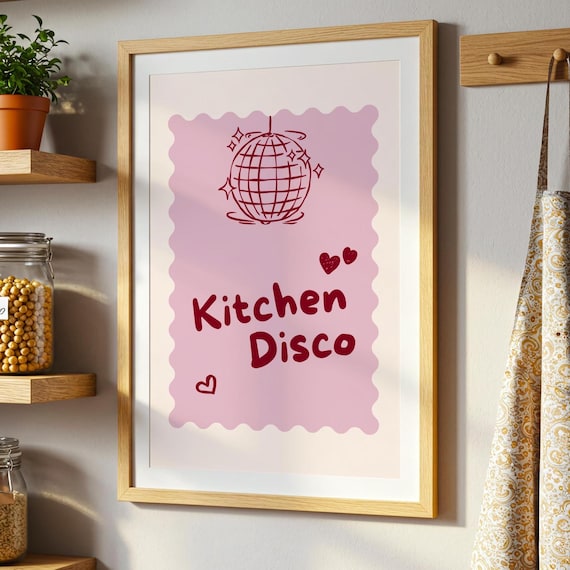 Kitchen Disco Pink Retro Hand Drawn Disco Ball Funky Art Poster