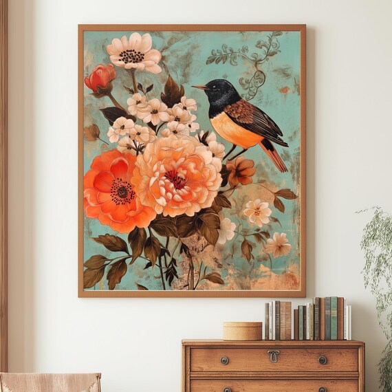 Vintage Songbird Poppy Flowers Botanical Teal Garden Illustration Poster