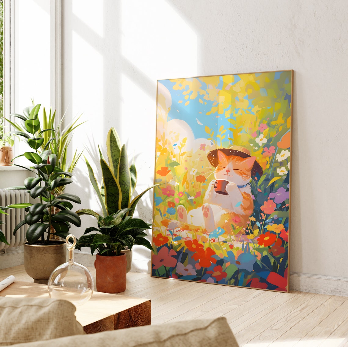 Ginger Cat Sipping Tea in a Sunny Flower-Filled Meadow Poster - Image 2