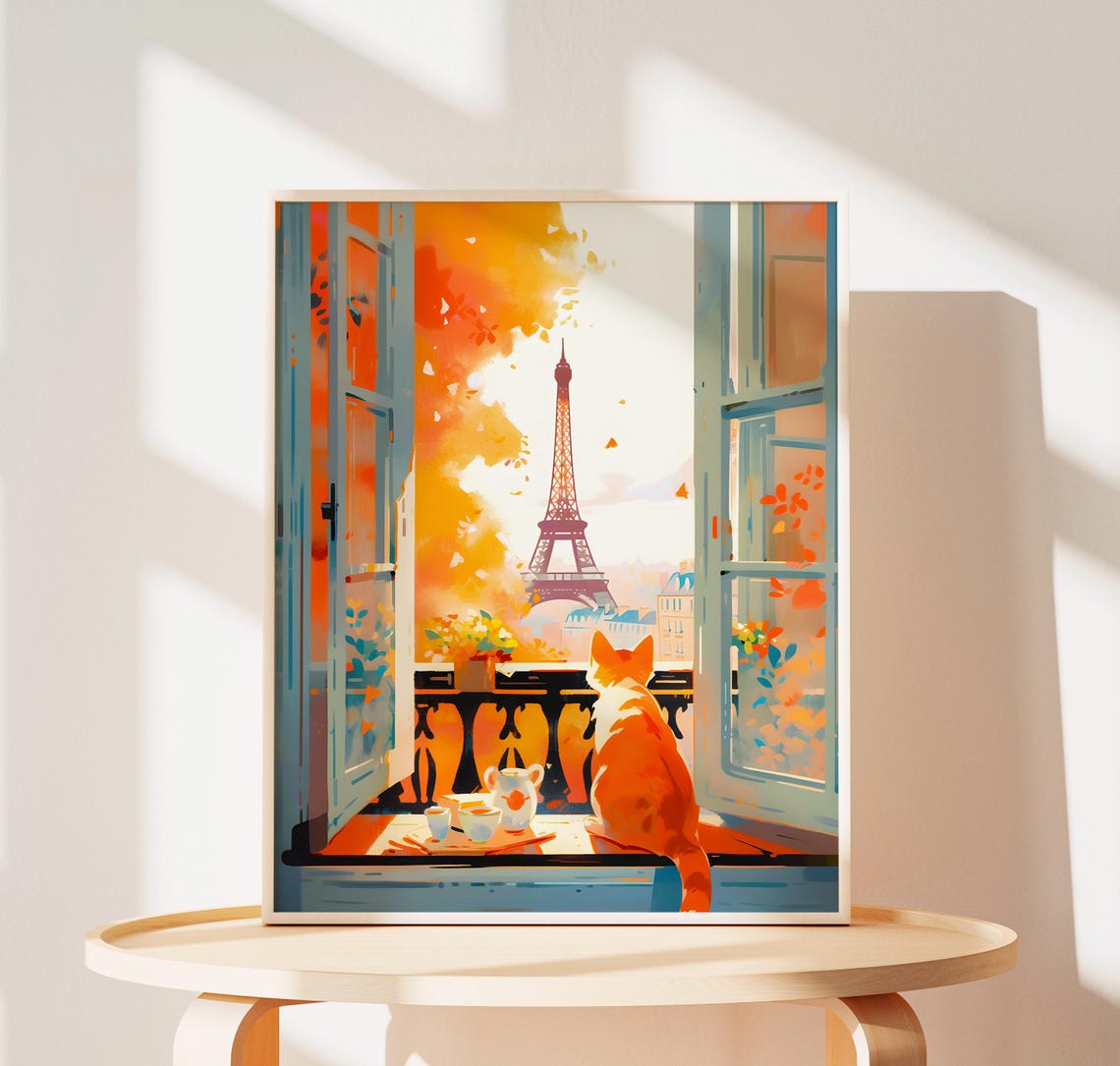 Orange Cat Watching Eiffel Tower From Autumn Window Paris Poster