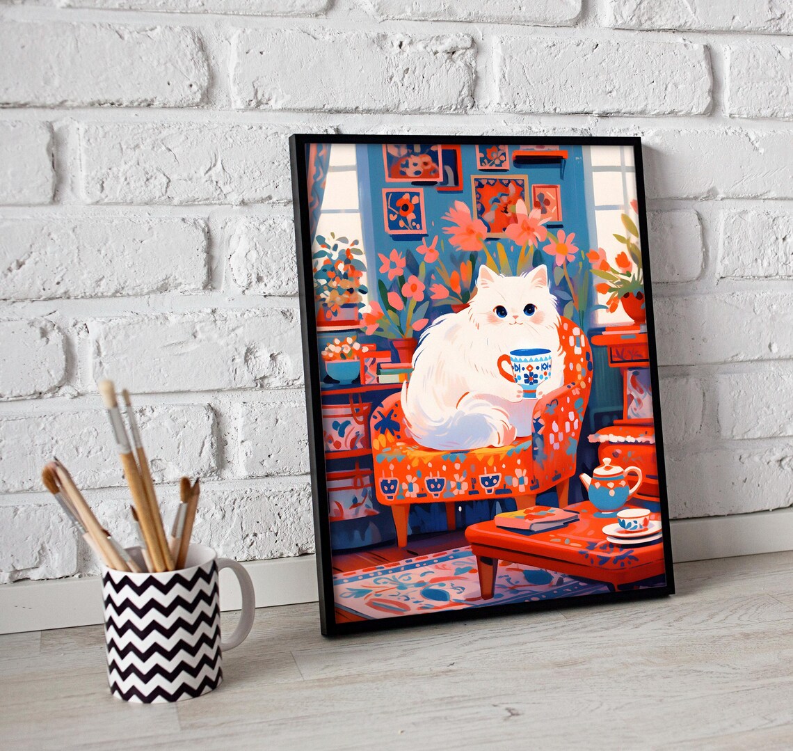 Fluffy White Cat with Teacup in a Bold Red Floral Room Poster - Image 3
