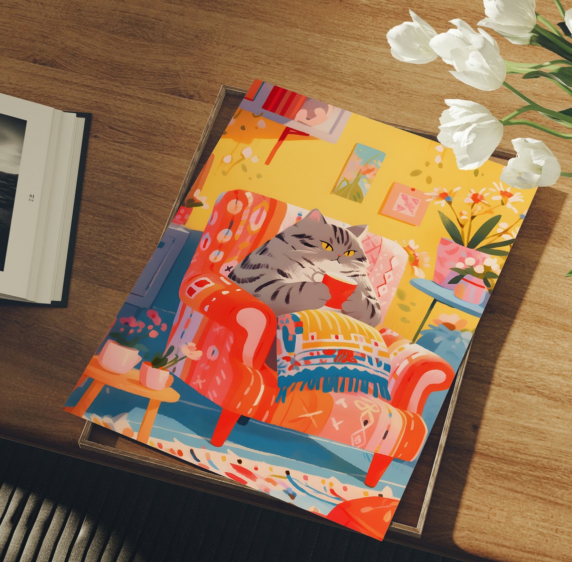 Grey Tabby Cat Drinking Coffee in a Cozy Armchair Art Poster - Image 3