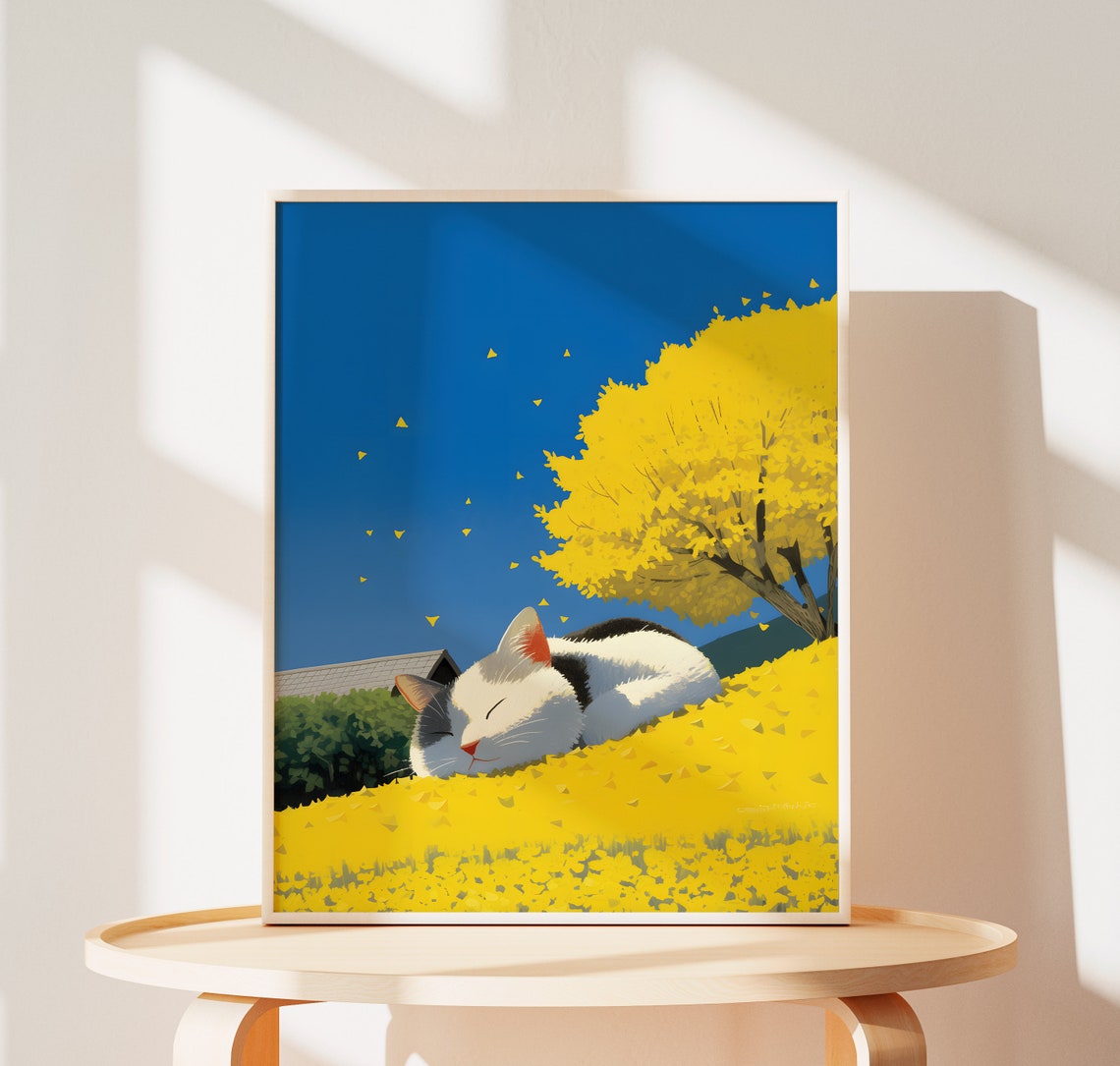 Sleeping Cat Napping in Golden Autumn Ginkgo Leaves Art Poster