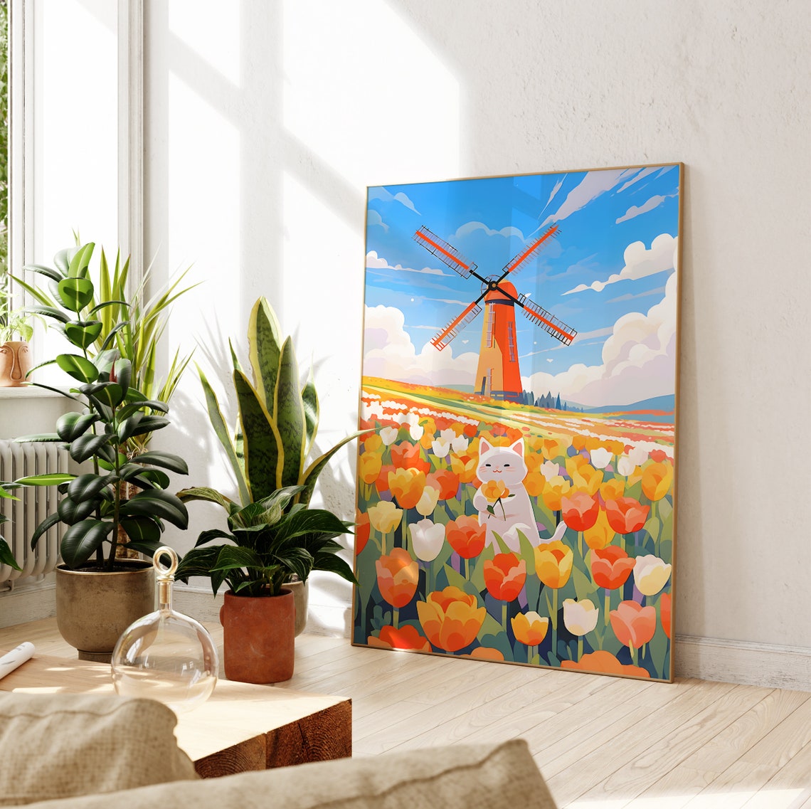 White Cat Holding a Tulip in a Dutch Windmill Field Art Poster - Image 2